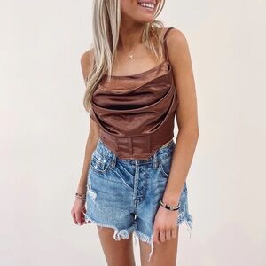 Indie Collection Brown Satin Cowl Neck Corset Cami Top Size Large NWOT
